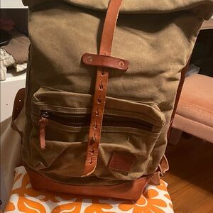 Stylish Olive Green Canvas Backpack with Leather Details